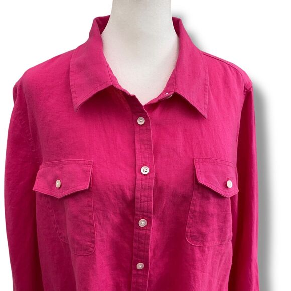 Talbots Top Womens Large Pink 100% Linen Button Up Roll Tab Long Sleeve Classic - Picture 2 of 13